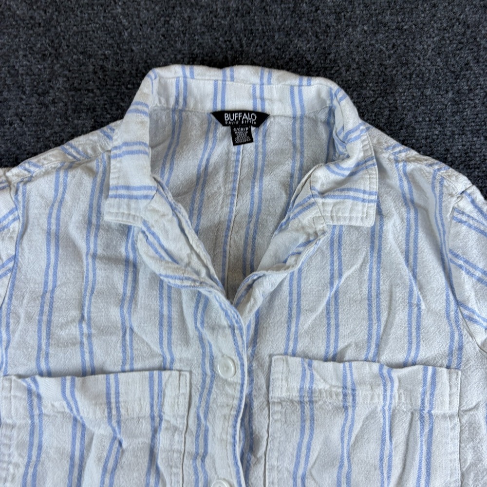 Buffalo David Bitton Shirt Women Small White Blue Striped Linen Button Up Casual